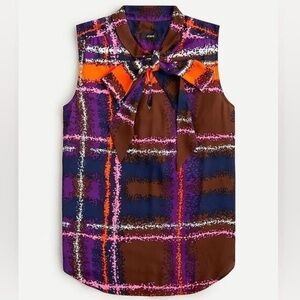 J. Crew Brown Sleeveless Bow Tie Plaid Blouse with Purple, Orange and Navy